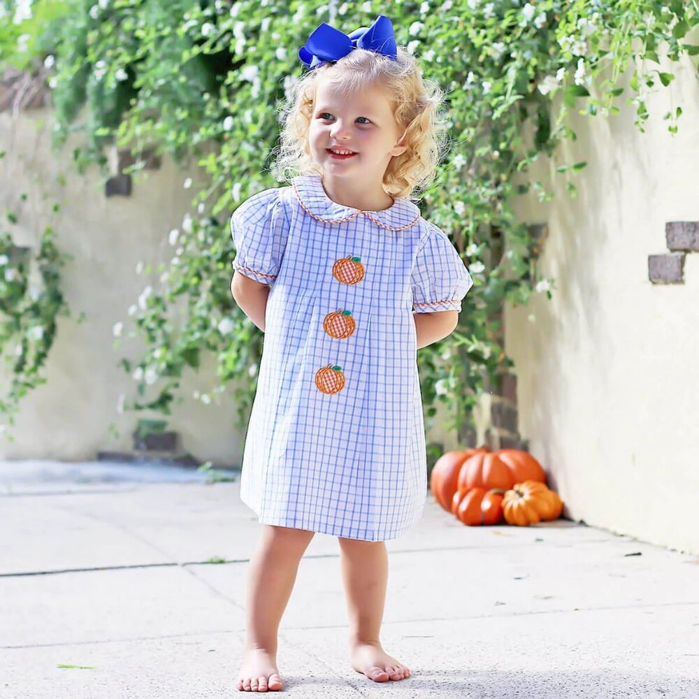 Blue Gingham Pumpkin Applique Kids Formal Dress